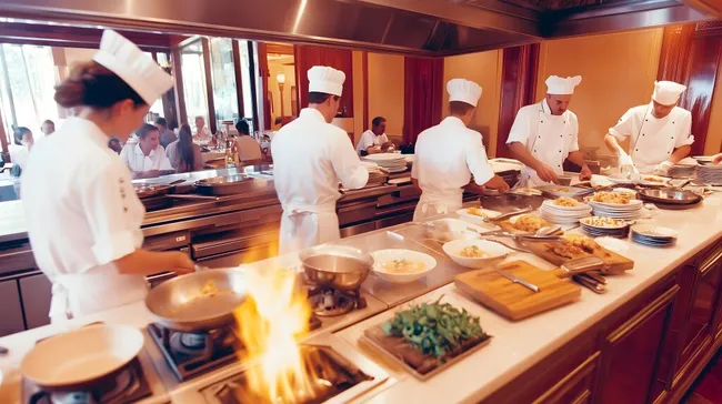 Moderne Küche mit geschäftigen Köchen in Aktion