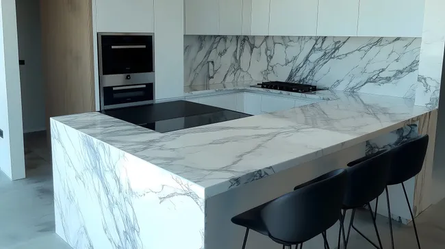 Moderne Küche mit marmorierter Arbeitsplatte
