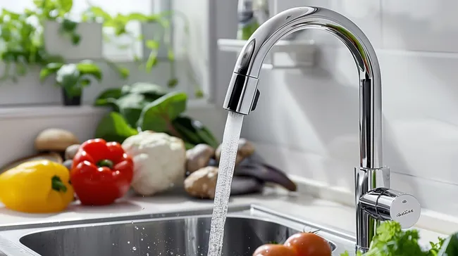 Moderne Küchenarmatur mit frischen Gemüsesorten