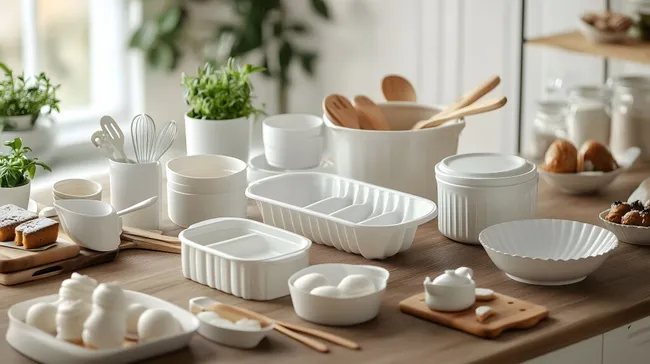 Moderne Küchenausstattung mit Keramikgeschirr und Kochutensilien