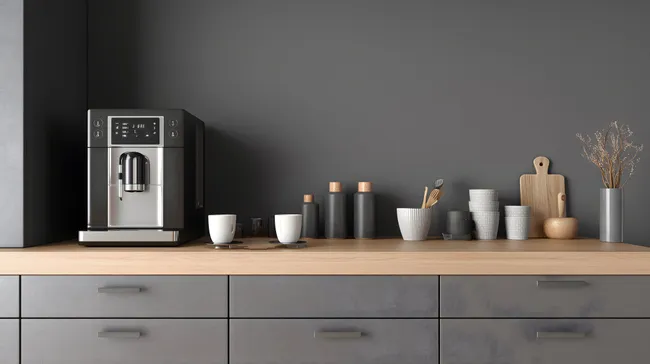 Moderne Kücheneinrichtung mit Kaffeemaschine und Zubehör