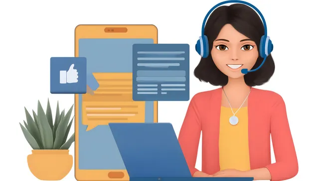 Moderne Kundenservice-Mitarbeiterin in Headset und mit Laptop