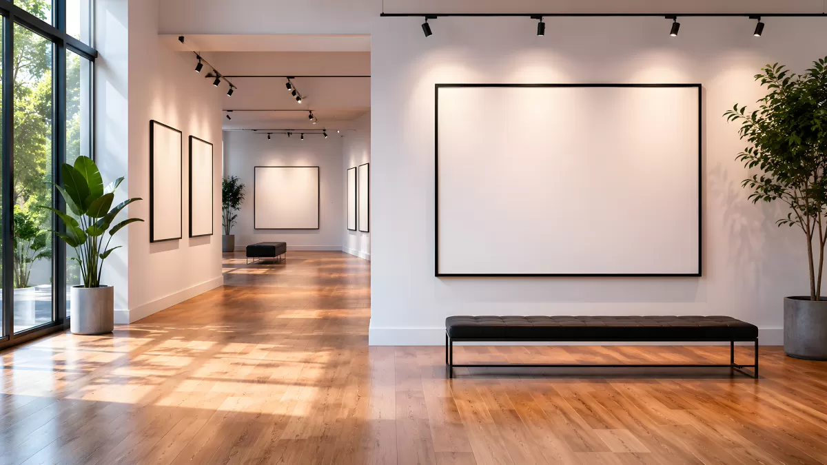 Moderne Kunstgalerie mit leeren Rahmen und Holzboden