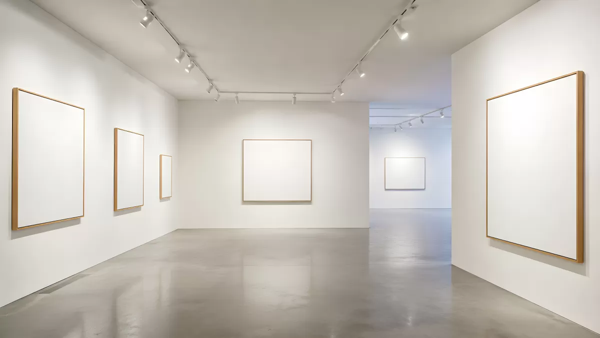 Moderne Kunstgalerie mit leeren weißen Rahmen