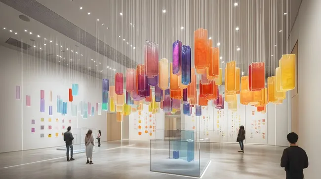 Moderne Kunstinstallation mit schwebenden Leuchtobjekten