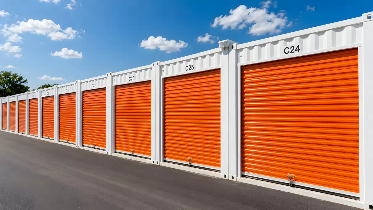 Moderne Lagerboxen mit orangefarbenen Rolltoren in Reihe