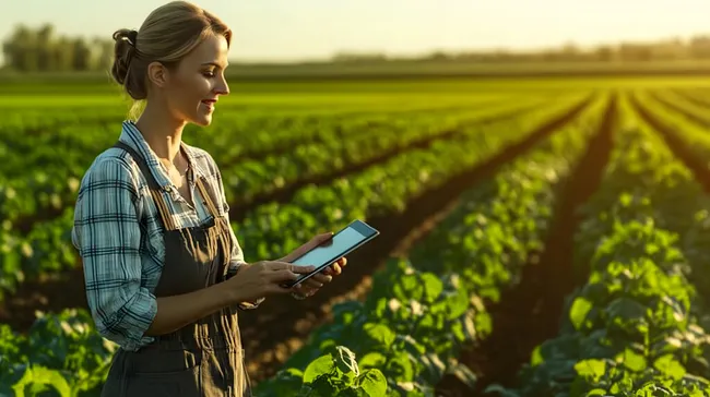 Moderne Landwirtin mit digitalem Tablet auf Feldrand