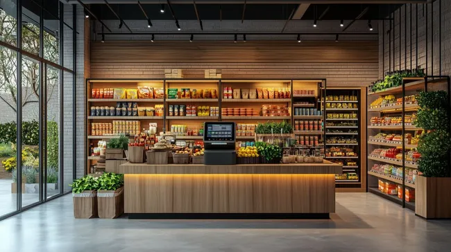 Moderne Lebensmittelgroßhandlung mit Kasse und Regalen