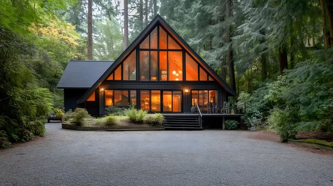 Moderne, lichtdurchflutete Blockhütte im Waldidyll