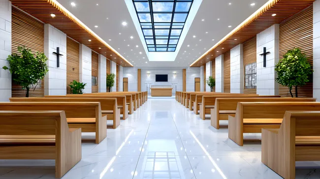 Moderne, lichtdurchflutete Kirchenarchitektur mit Holzbänken