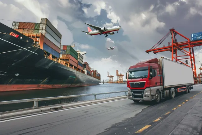 Moderne Logistikkette mit Frachtschiff, LKW und Flugzeug