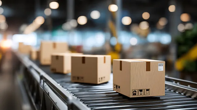 Moderne Logistikzentrum mit Förderbändern und Paketen