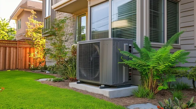 Moderne Luftwärmepumpe im Garten eines Hauses