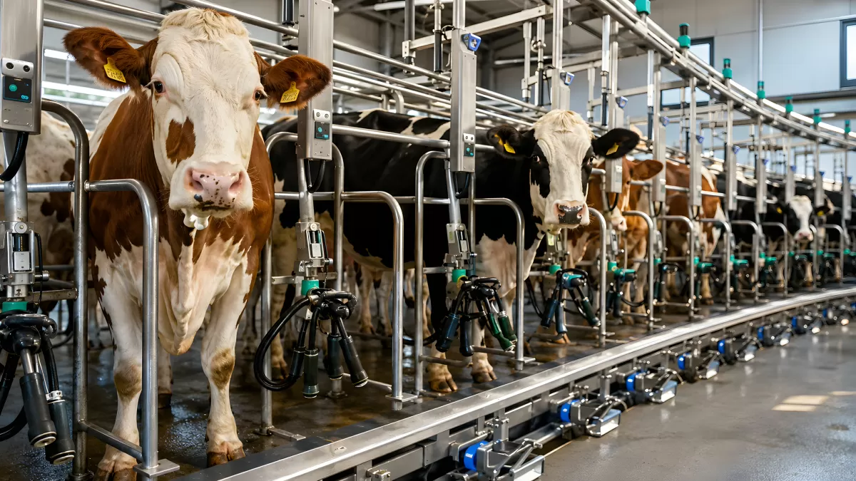 Moderne Melkanlage mit Kühen im Stall