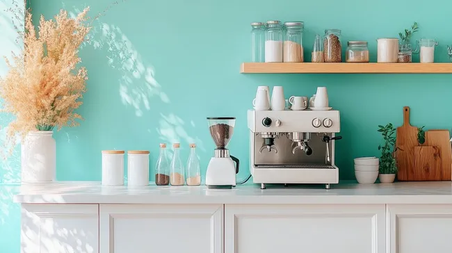 Moderne, minimalistisch eingerichtete Küche mit Espressomaschine