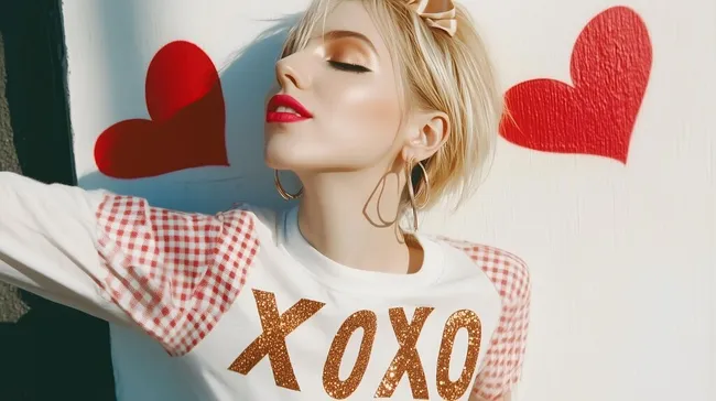 Moderne Mode-Szene mit goldenem XOXO-Shirt und Herzballons