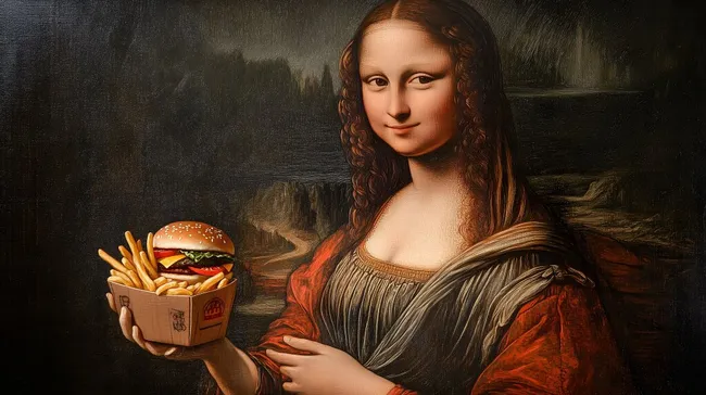 Moderne Mona Lisa mit Fast Food - Humorvolle Bildkomposition