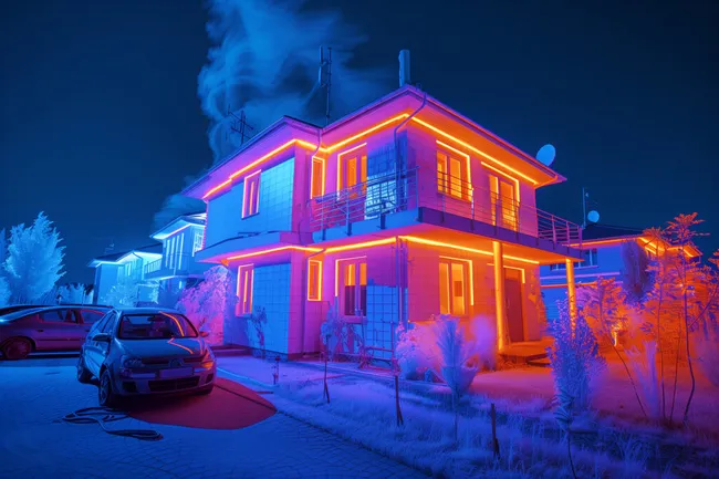 Moderne Nachtansicht eines bunten Hauses
