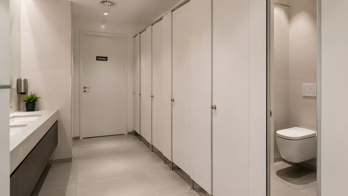 Moderne öffentliche Toilettenanlage mit weißen Kabinen