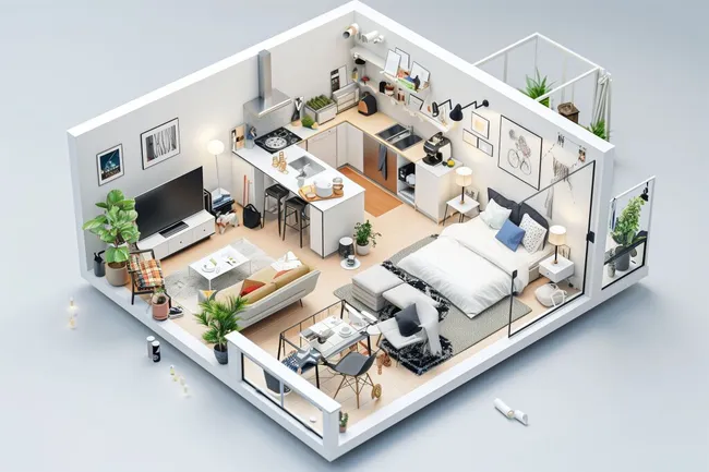 Moderne offene Wohneinheit mit gemütlicher Lounge und Küchenbereich