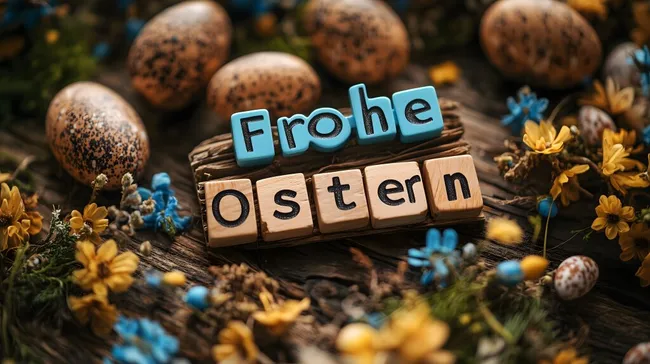 Moderne Osterdekoration mit Holzbuchstaben und Eiern