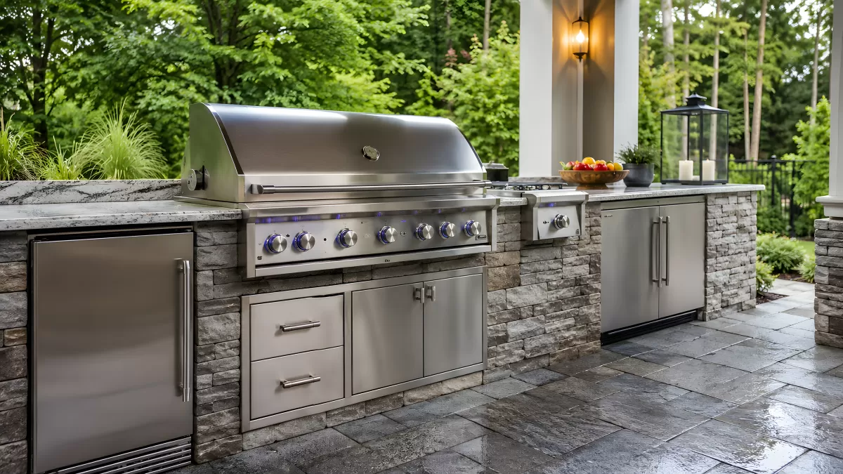 Moderne Outdoorküche mit Edelstahl-Grill auf Naturstein
