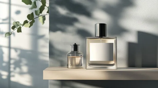 Moderne Parfümflaschen auf Holzregal im Badezimmer