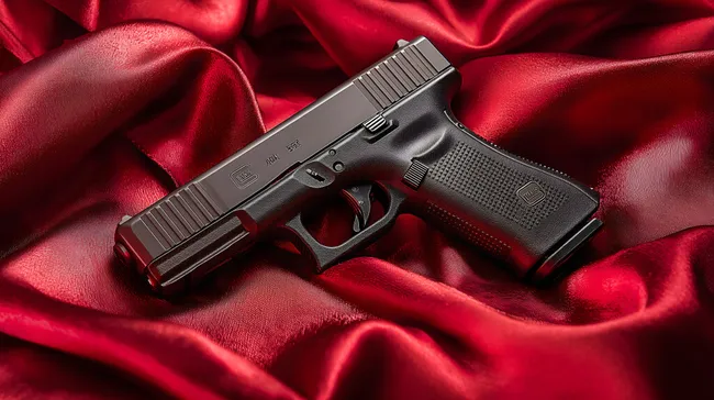 Moderne Pistole auf roter Seide