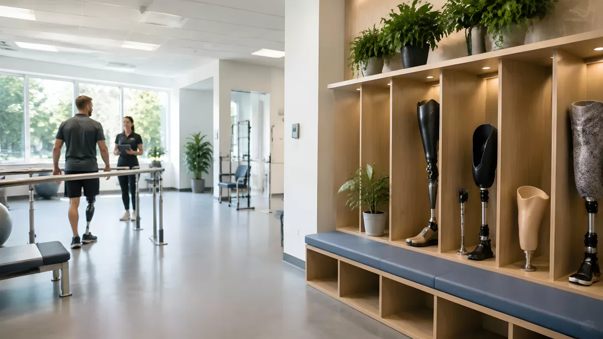 Moderne Prothetik-Klinik mit Beinprothesen und Therapiebereich