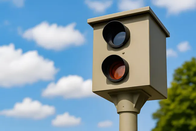 Moderne Radarfalle vor blauem Himmel und Bäumen