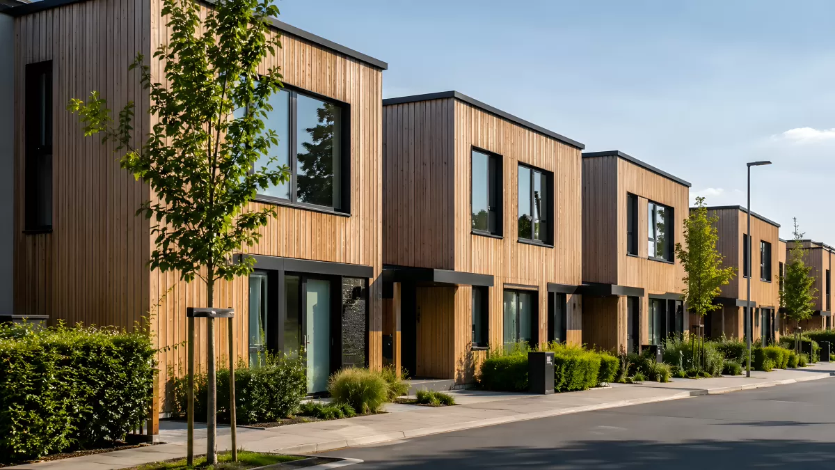 Moderne Reihenhäuser mit Holzfassade in ruhiger Straße