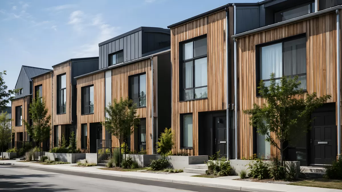 Moderne Reihenhäuser mit Holzfassade und schwarzen Akzenten