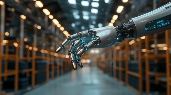 Moderne Roboterhand in futuristischem Lagerlayout