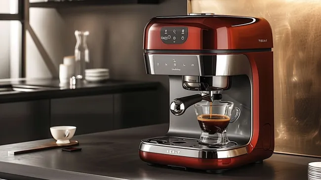 Moderne, rot-schwarze Kaffeemaschine in Küche