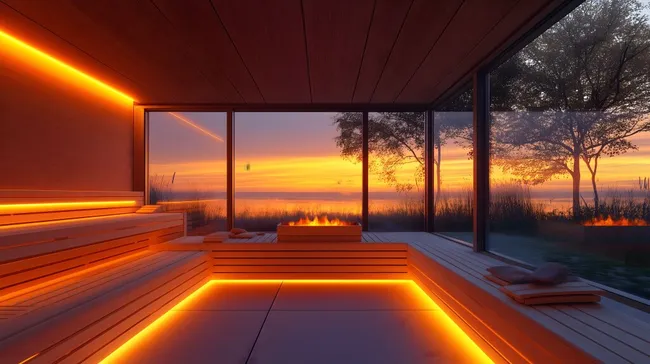 Moderne Sauna mit orangefarbener Beleuchtung und Panoramablick