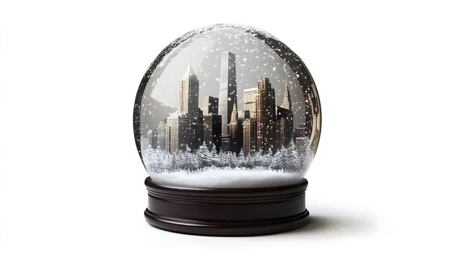 Moderne Schneekugel mit Stadtsilhouette im Winter