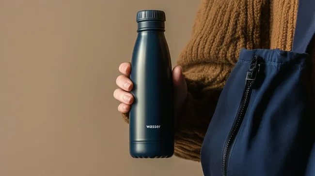 Moderne schwarze Thermoflasche in Männerhand