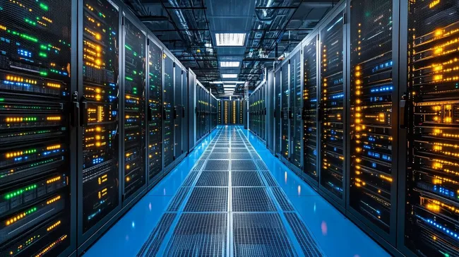 Moderne Serverraum-Architektur in blauem Neon