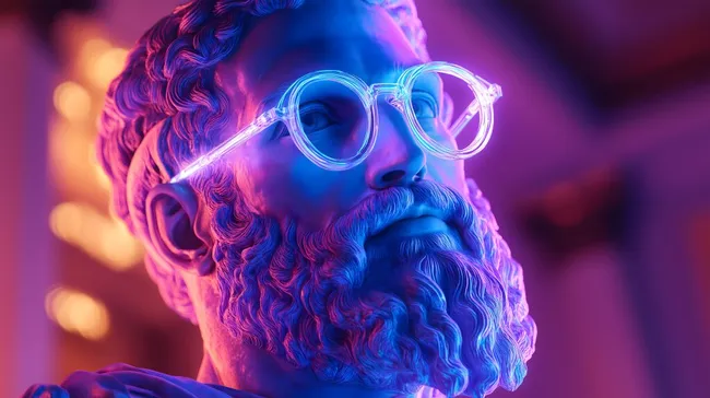 Moderne Skulptur mit leuchtender Neonbrille