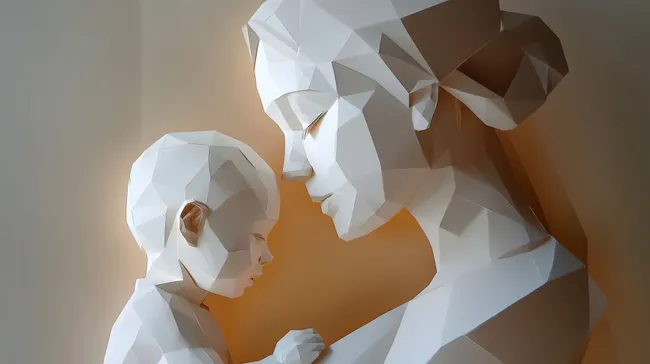 Moderne Skulptur zeigt innige Beziehung zwischen Mutter und Kind