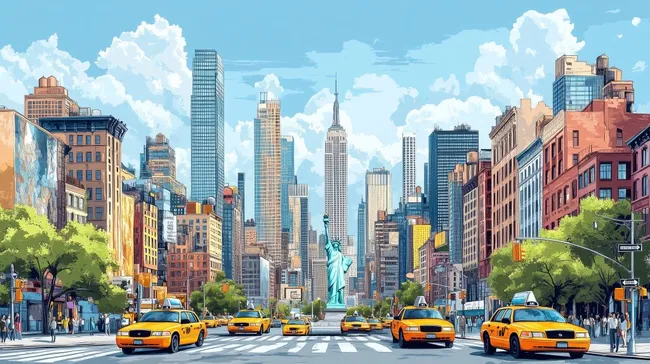 Moderne Skyline von New York City mit gelben Taxis
