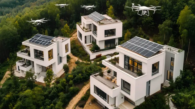Moderne, smarte Häuser mit Solaranlagen und Drohnenüberwachung