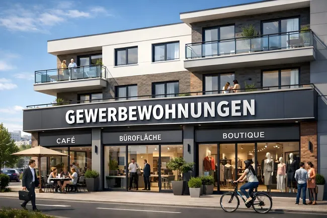 Moderne Stadtarchitektur mit Gewerbeeinheiten und Außengastronomie
