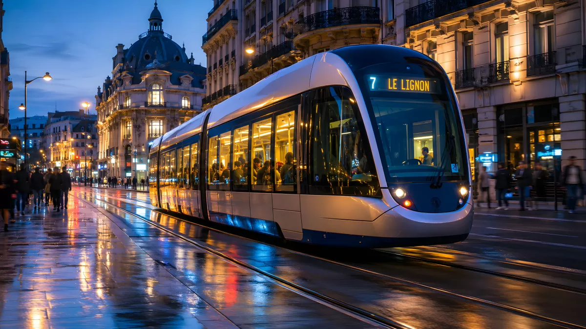 Moderne Straßenbahn bei Nacht in einer Großstadt