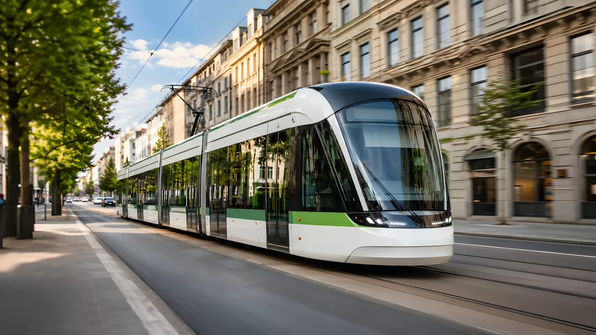 Moderne Straßenbahn fährt durch eine Stadtboulevard