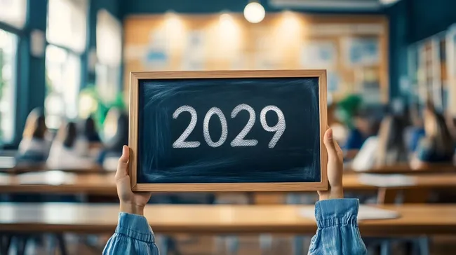 Moderne Tafel mit Jahreszahl 2029 im Klassenzimmer