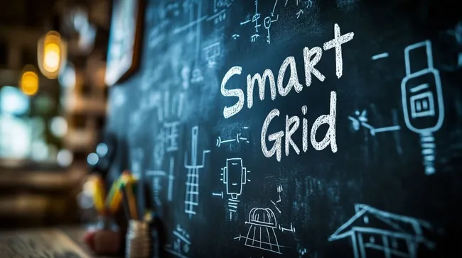 Moderne Tafel mit technischen Skizzen zum Thema Smart Grid