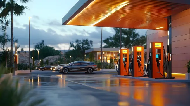 Moderne Tankstelle mit Elektro-Ladestationen bei Abenddämmerung