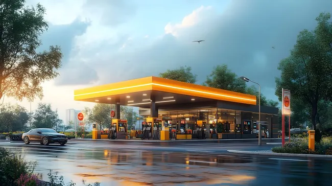 Moderne Tankstelle mit urbaner Umgebung bei Tageslicht