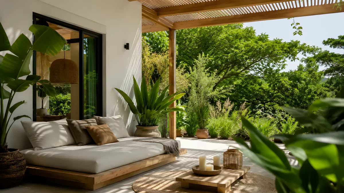 Moderne Terrasse mit Holzpergola und üppigem Grün